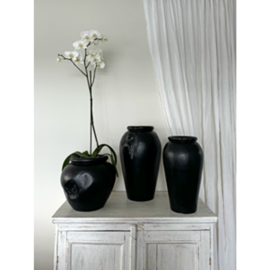 Organic Teak Yakisugi Vase, 35cm tall, black, perfect for fresh or dried flowers, enhancing home decor with elegance.