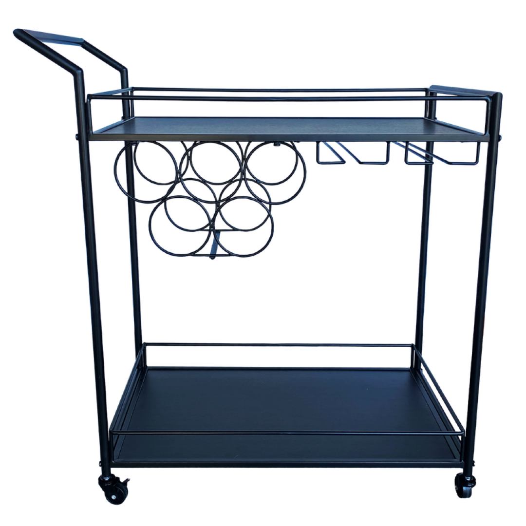 Sophisticated black bar trolley with sleek lines, ideal for entertaining and storing drinks, dimensions 74 x 38 x 81cm.