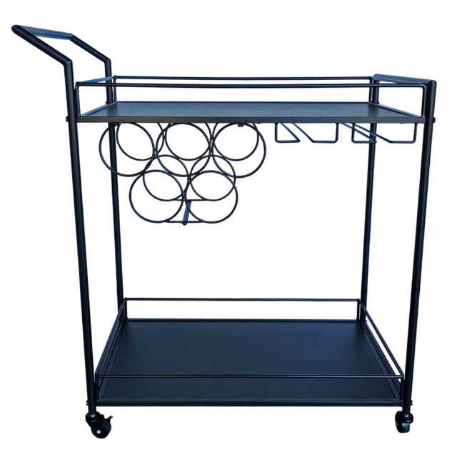 Sophisticated black bar trolley with sleek lines, ideal for entertaining and storing drinks, dimensions 74 x 38 x 81cm.