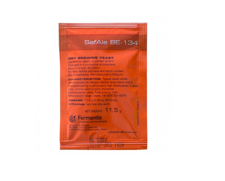 SafAle BE-134 Yeast (11.5g) for brewing Belgian Saison, offers fruity aromas, clove notes, and thrives at warmer fermentation temperatures.