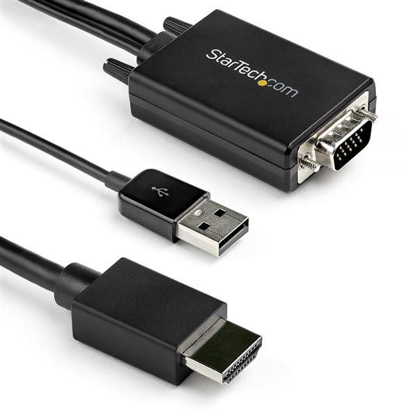 2m VGA to HDMI converter cable with audio, connecting VGA devices to HDMI displays for 1080p video and sound.