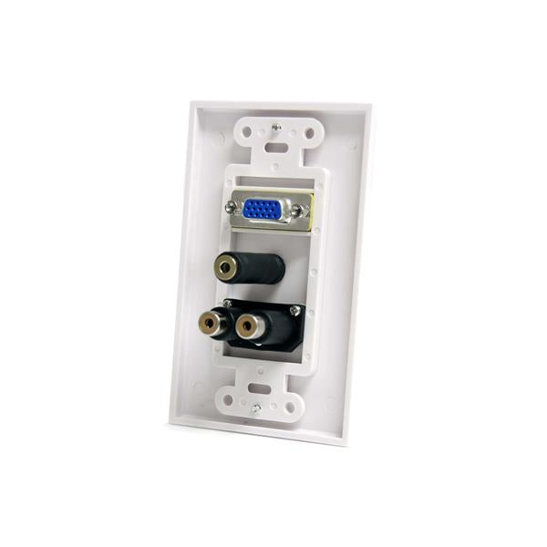 15-Pin Female VGA Wall Plate in white, includes 3.5mm and RCA jacks for tidy A/V setups, perfect for office and home use.