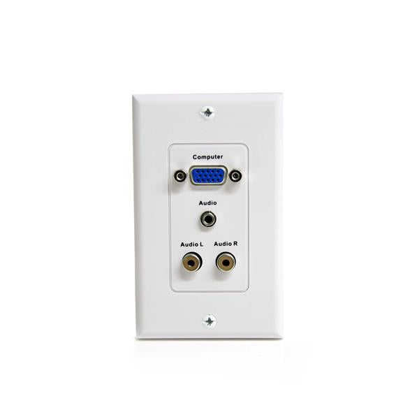 15-Pin Female VGA wall plate in white with 3.5mm and RCA jacks for organized A/V connections and easy installation.