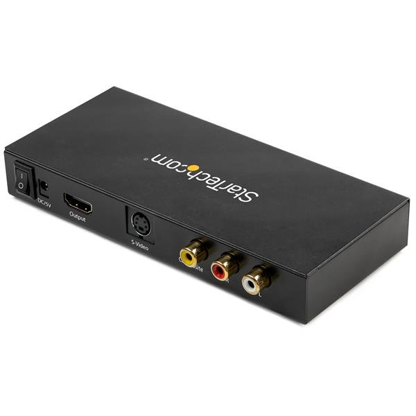 S-Video to HDMI converter, supporting 720p output, integrates audio for legacy devices to modern displays.