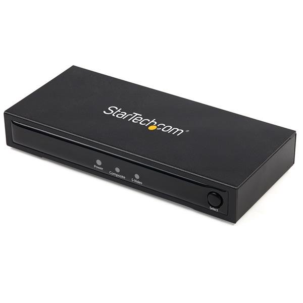 S-Video or Composite to HDMI converter enabling 720p output with audio, perfect for connecting legacy devices to modern displays.