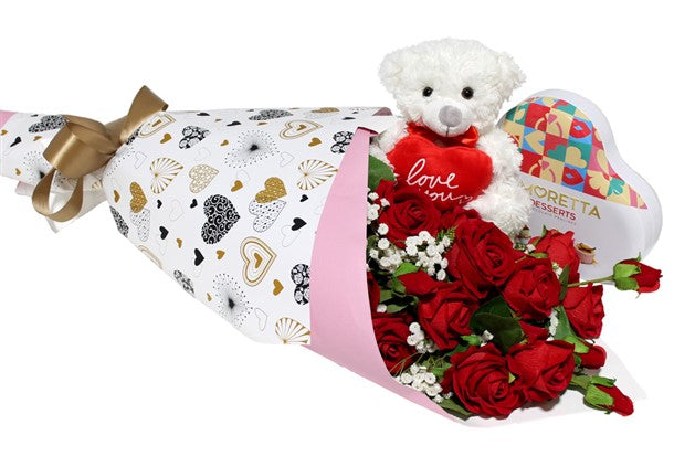 Valentine Soft Toy - Love You Heart Bear. Sitting White Bear Holding Red Heart