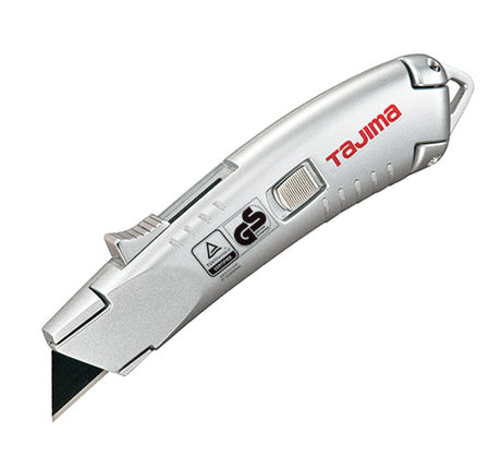 Tajima VR103 Self-Retractable Utility Knife with ergonomic metal handle, safety lock, and three V-REX blades for versatile cutting.