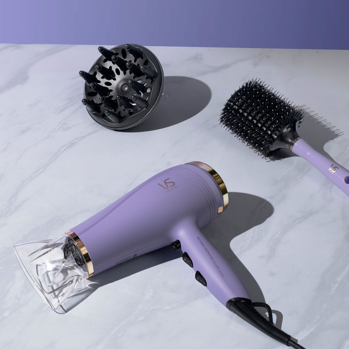 VS Sassoon Smooth Fusion 2400 hair dryer with micro-infused conditioning, keratin ceramic technology, and curl-enhancing diffuser.