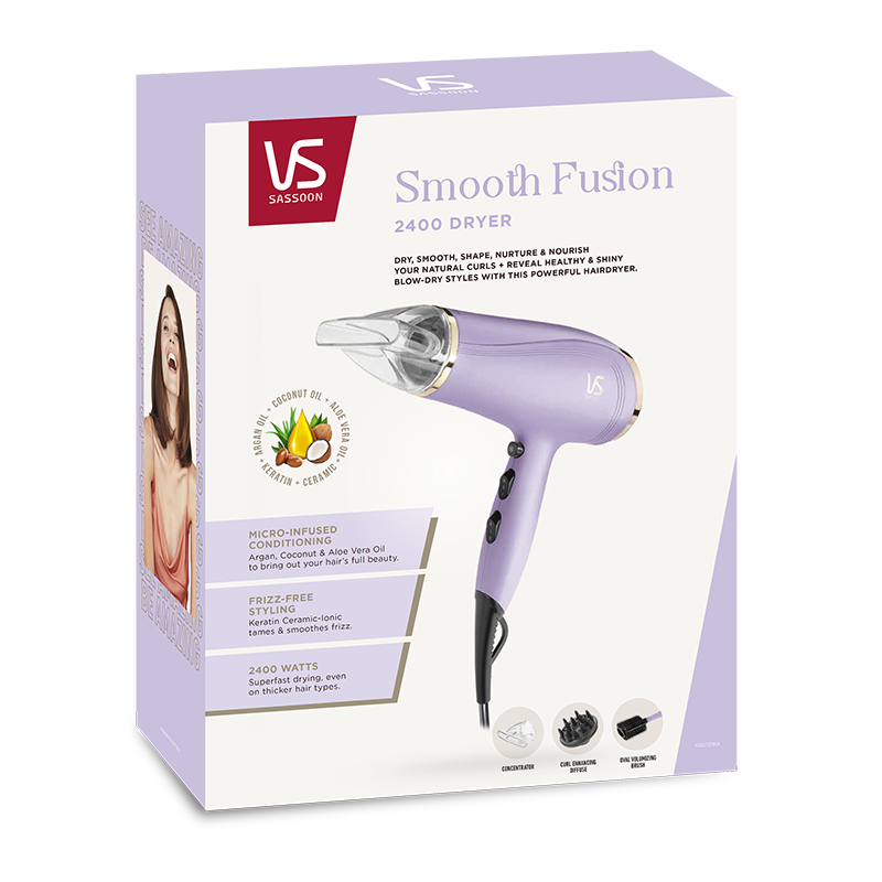 VS Sassoon Smooth Fusion 2400 hair dryer featuring micro-infused conditioning and advanced airflow for fast drying and styling.