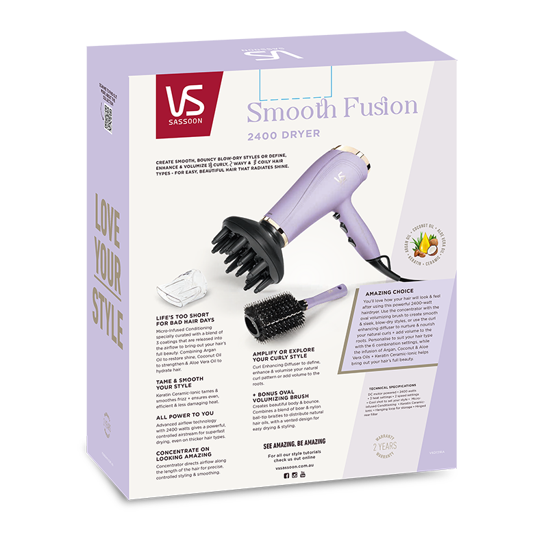 VS Sassoon Smooth Fusion 2400 hair dryer with micro-infused conditioning, powerful airflow, and curl-enhancing diffuser for stunning styles.