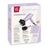 VS Sassoon Smooth Fusion 2400 hair dryer with micro-infused conditioning, powerful airflow, and curl-enhancing diffuser for stunning styles.