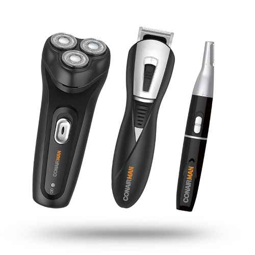 Conair THE MAN KIT Grooming Kit featuring a rechargeable shaver, beard trimmer, and detail trimmer for precision grooming.