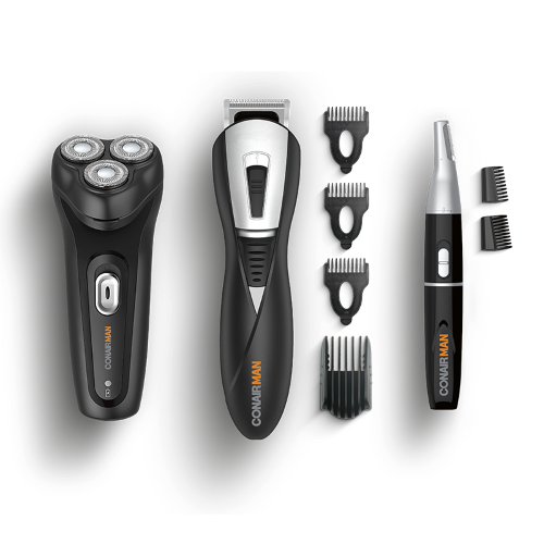 Grooming kit with rotary shaver, beard trimmer, and detail trimmer for versatile men's grooming on the go.