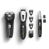 Grooming kit with rotary shaver, beard trimmer, and detail trimmer for versatile men's grooming on the go.