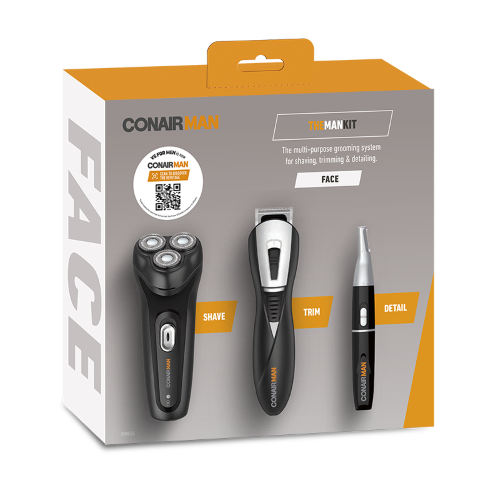 Conair THE MAN KIT Grooming Kit features a rotary shaver, beard trimmer, and detail trimmer for precise grooming on the go.