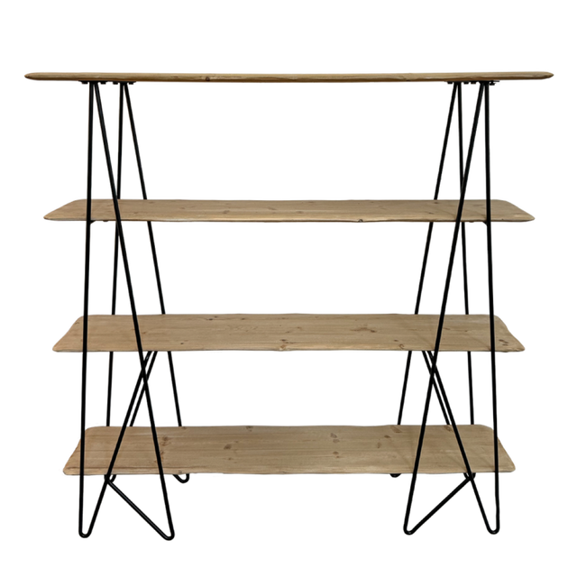 Evie 4 Tier Shelving unit in solid wood and metal, measuring 140 x 40 x 140 cm, perfect for small spaces and stylish decor.