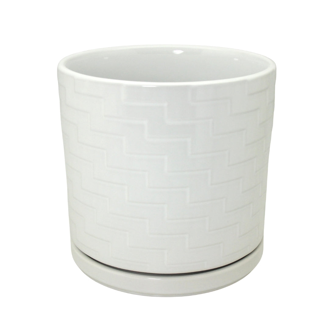 White Patterned Ceramic Pot with Drainage Hole and Plate 20x20x20cmH.