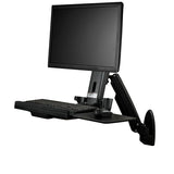 Wall-mounted sit-stand desk with adjustable monitor arm and keyboard tray, ideal for maximizing small workspace productivity.