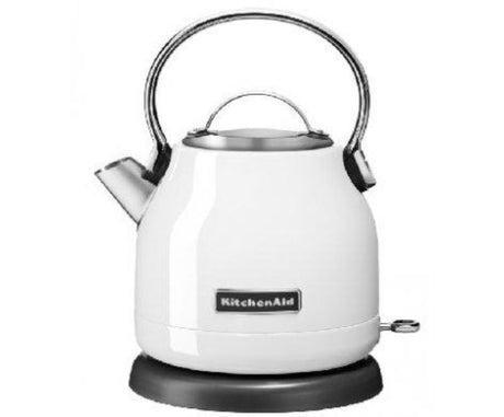 White KitchenAid Artisan Electric Kettle, 1.25L, features auto shut-off, smooth handle, and 360-degree removable base for easy use.