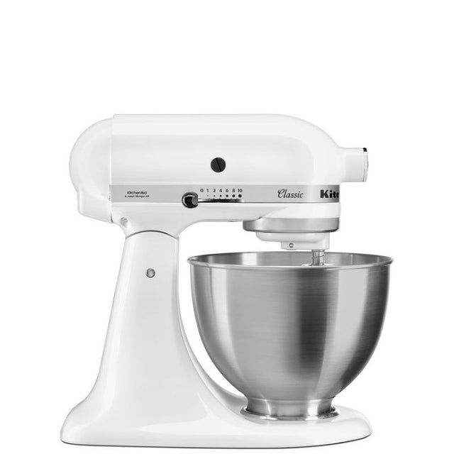 KitchenAid 4.3L Classic Stand Mixer in white, featuring a powerful motor and stainless steel bowl for versatile baking.