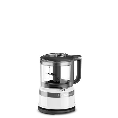 KitchenAid 3.5 Cup Mini Food Processor in white, compact design, features locking blade, two speeds, and dishwasher-safe parts.