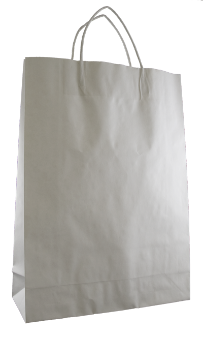 White paper bags (420mm x 310mm) with durable handles, eco-friendly, pack of 20, ideal for retail and events.