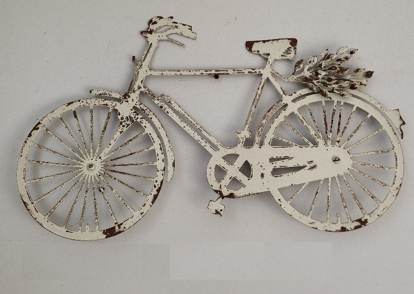 Distressed white bicycle wall art (62x39cm) adds vintage charm, perfect for cycling enthusiasts and home decor.