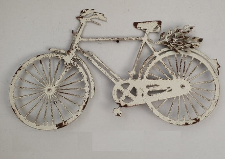 Distressed white bicycle wall art (62x39cm) adds vintage charm, perfect for cycling enthusiasts and home decor.