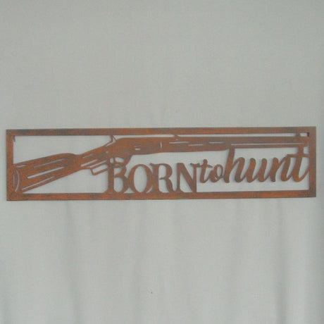 Rustic wall art titled "BORN TO HUNT" (80cm) featuring a striking rust finish, perfect for nature lovers and hunting enthusiasts.