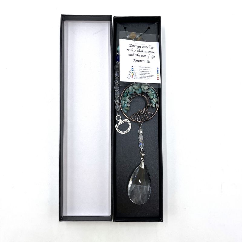 Handcrafted Tree of Life suncatcher in Amazonite, 32.5cm, promoting harmony and enhancing light with vibrant colors.