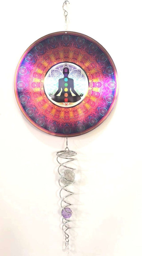 Vibrant 30x45CM wind spinner featuring chakra motifs, perfect for enhancing meditation spaces and promoting positive energy flow.