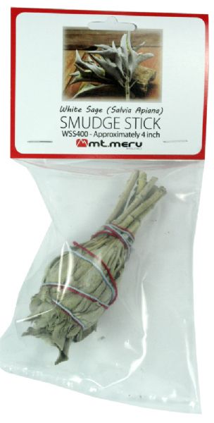 White Sage Smudge Stick 4-inch for cleansing rituals, promoting calm and purity, ethically sourced and hand-rolled.