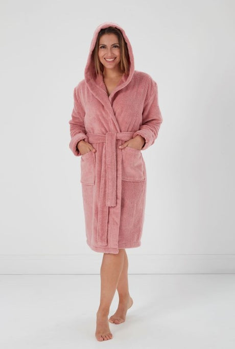 Pink hooded bathrobe featuring two pockets, waist tie, made from OEKO-TEX® certified micro-cotton. Size L/XL.