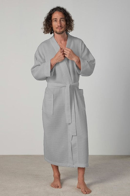 Grey 50/50 waffle kimono robe with pockets, waist tie, unisex fit, made from certified materials, perfect for comfort at home.