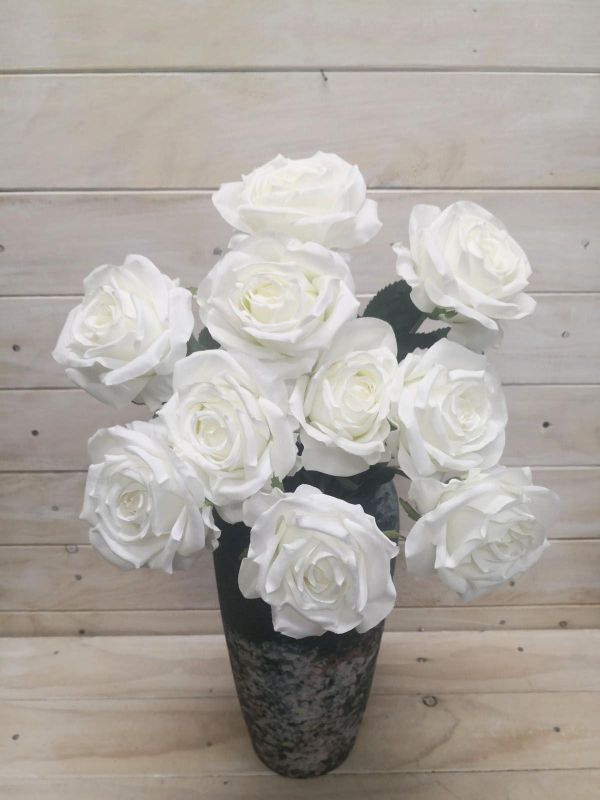 Lifelike Artificial White Alice Rose Bush with realistic petals and green foliage, perfect for elegant home decor.
