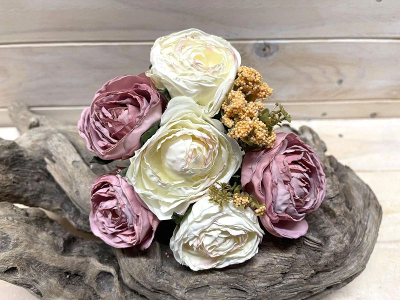 Artificial Rose Posies -  Dry Look with 6 Flowers (Cream Pink)