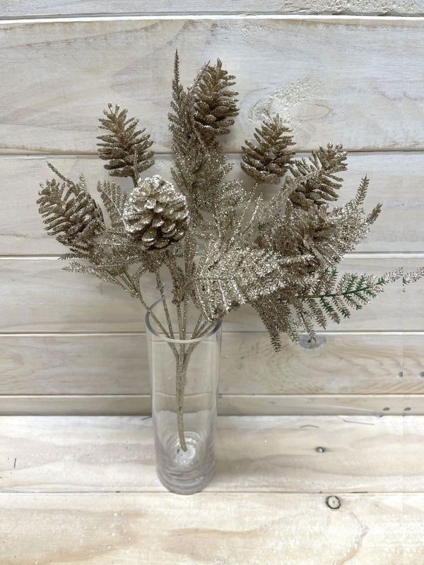 Artificial Glitter Pine Cone Bush (Champagne)