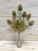 Artificial gold glitter pine cone bush, perfect for festive decor, centerpieces, and enhancing seasonal themes.