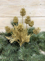 Gold artificial glitter pine cone bush, perfect for festive decor, centerpieces, and year-round home styling.