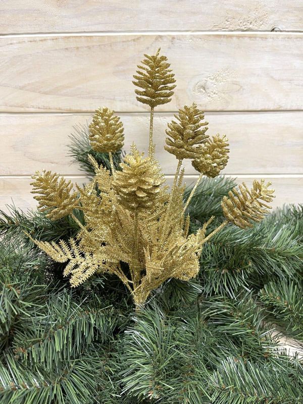 Gold artificial glitter pine cone bush, perfect for festive decor, centerpieces, and year-round home styling.