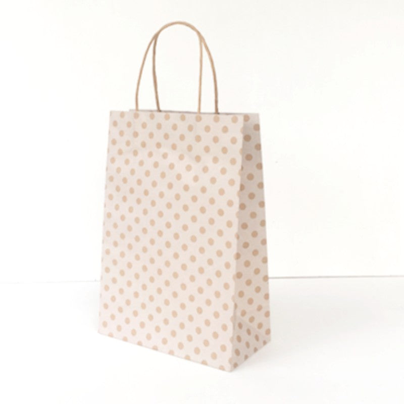 White Spot Kraft Junior Paper Bags, eco-friendly, 290mm x 200mm x 100mm, pack of 25, stylish and sustainable packaging solution.