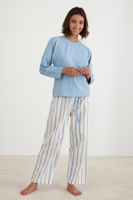 Luxury striped cotton PJ set featuring a long sleeve top and elasticated pants, made ethically in Turkey.