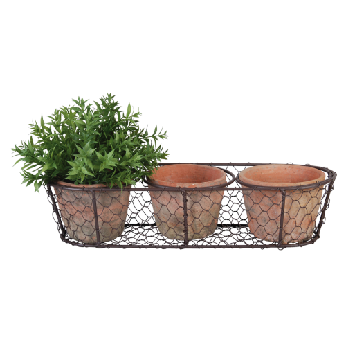 Tuscan-inspired terracotta pots in a wire basket, perfect for indoor/outdoor plants, measuring 37 x 13 x 10cm.