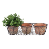 Tuscan-inspired terracotta pots in a wire basket, perfect for indoor/outdoor plants, measuring 37 x 13 x 10cm.