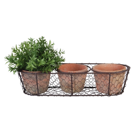 Tuscan-inspired terracotta pots in a wire basket, perfect for indoor/outdoor plants, measuring 37 x 13 x 10cm.