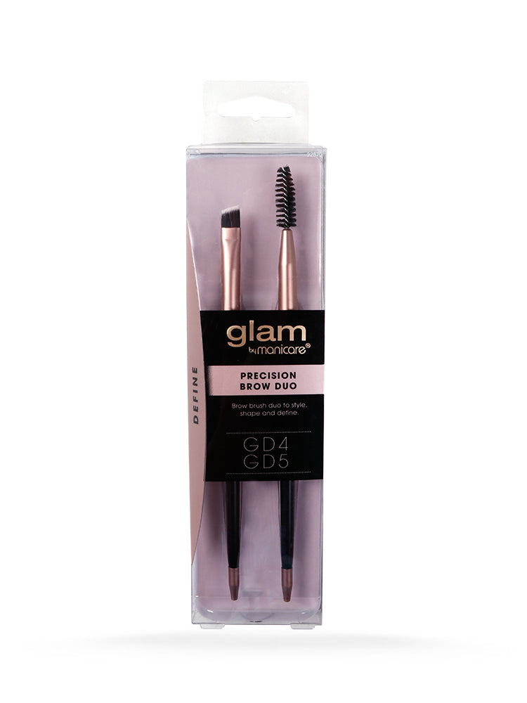 Glam By Manicare Precision Brow Duo Brush set featuring a slanted brush for defining brows and a spoolie for grooming.