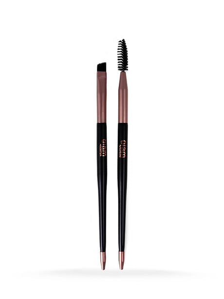 Glam By Manicare Precision Brow Duo includes a slanted brush for shaping brows and a spoolie for grooming and diffusing.