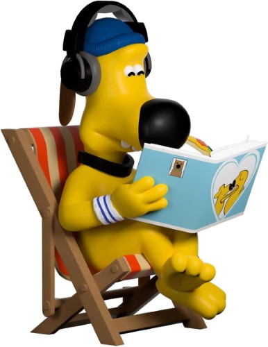 Youtooz Vinyl Figurine of Shaun the Sheep's Bitzer, sitting in a lawn chair with pizza and a book, dressed in quirky accessories.