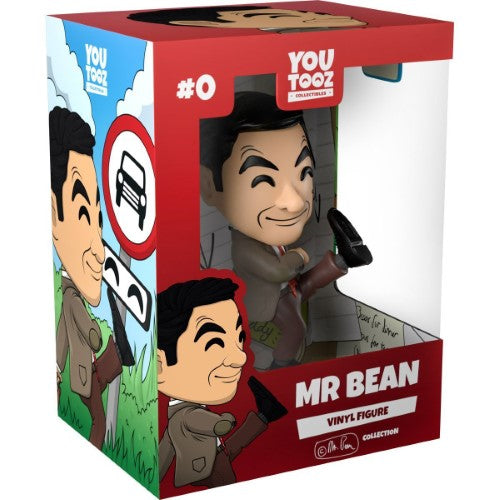 Youtooz Mr Bean vinyl figure, 5 inches, wearing a textured suit, holding a suitcase with beach tools and Teddy.