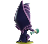 Youtooz 5-inch vinyl figurine of Yu-Gi-Oh!'s Dark Magician, kneeling with staff, showcasing intricate details in vibrant colors.